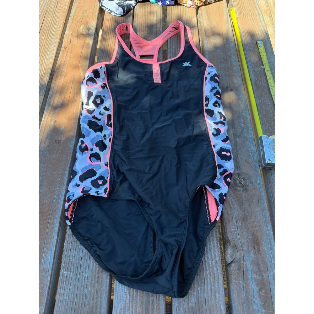 ZeroXposur Girls One Piece Swimsuit XL 16 Black Pink Leopard Print Racerback